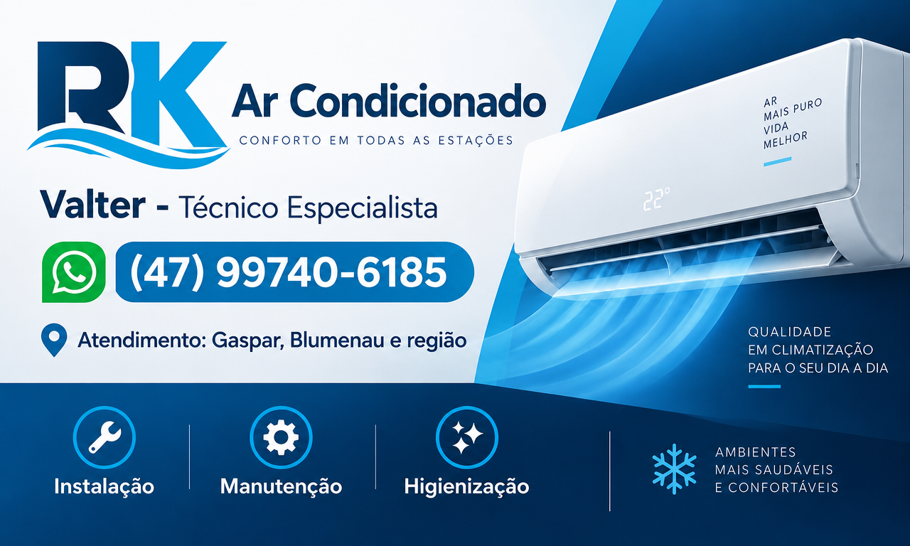 Cartão RK Ar Condicionado: instalação, manutenção e higienização de ar condicionado em Gaspar, Blumenau e região, telefone (47) 99740-6185
